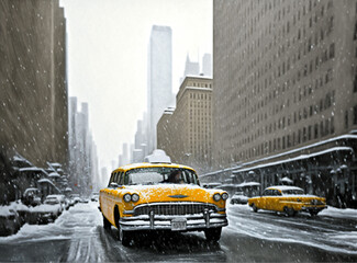 Older model Yellow Taxi car in New York during a blizzard, copy space. Illustration created with Generative AI technology