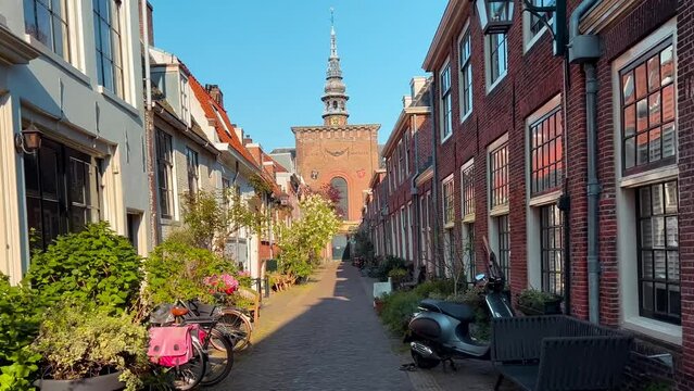 Typical Dutch architecture in the historic city center Haarlem, the Netherlands, 24 April 2022. High quality 4k footage