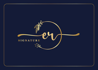 luxury gold signature initial ER logo design isolated leaf and flower