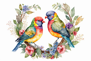 Couple Colorful Cute Love Birds Valentines Watercolor - Generated AI