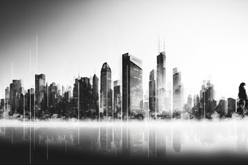 Trading investment business intelligence concept website panorama header double exposure modern city view in black and white. Generative AI