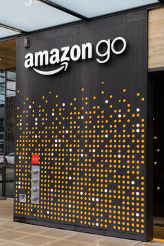 Seattle, WA, USA - January 15, 2023; Downtown Seattle sign for Amazon Go store above wall design