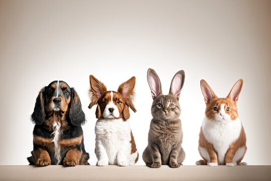 Row of canines and felines with Easter Bunny ears, their paws resting on a white banner. a picture that is the right size to fit in a common social network timeline photo placeholder. Generative AI