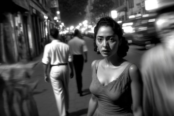 young woman walking in Mexico City in 1960. monochromatic vintage. This image was created with generative AI