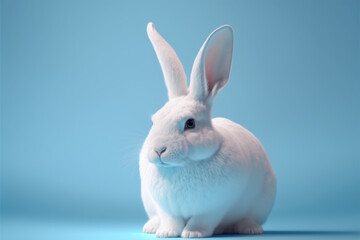Obraz premium White easter bunny on pastel blue background, big ear. Generative AI