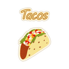 Handwritten lettering tacos with stuffing from meet and vegetables. Sticker. Latin American food