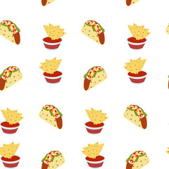 Seamless pattern with nachos and transparent sauce ball and tacos with vegetables and champignons.