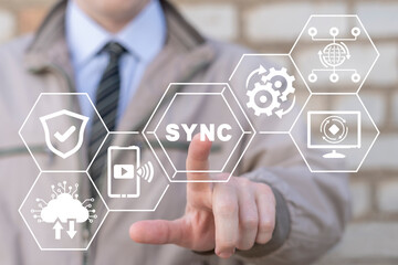 Sync Digital Data Concept. Electronic devices, browser and services synchronizing. Cross-device...