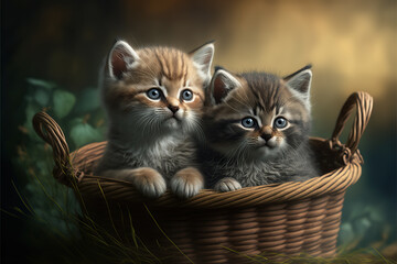 Fototapeta na wymiar adorable kittens in a basket. Grass background.