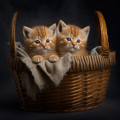 adorable kittens in a basket. Dark background.