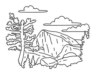 Naklejka premium Mono line illustration of North Dome on the Indian Ridge in Yosemite National Park California done in black and white monoline line drawing art style. 