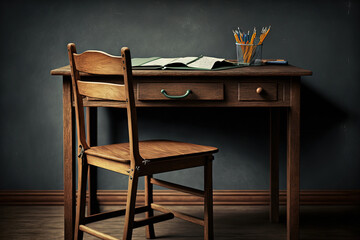 Wooden desk with stationery and chair in class on blackboard background. Generative AI