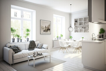 Fototapeta na wymiar View of stylish white apartment design in lagom style. Generative AI