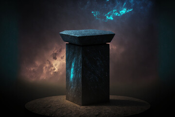 Backdrop of a stone pedestal with an abstract galactic night landscape for product presentation. Generative AI