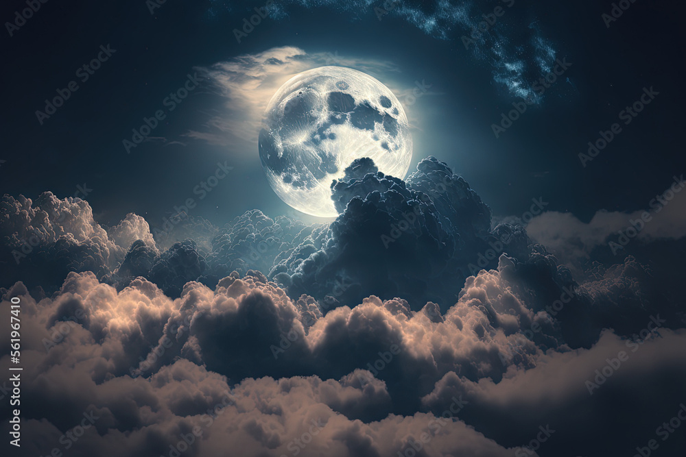 Canvas Prints the night sky with the full moon between the clouds. generative ai