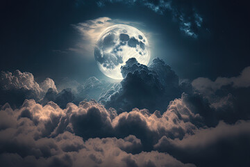 Naklejka na ściany i meble The night sky with the full moon between the clouds. Generative AI