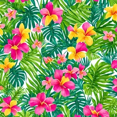 Foto auf Acrylglas A stunning close-up of a tropical paradise with lush greens and bright-colored flowers, with a painterly style that will add warmth and energy to any room © Hammadh