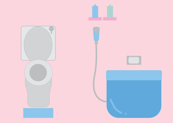 シャワーカーテンがかかっているアパートのユニットバスのイラスト・バス・トイレ別