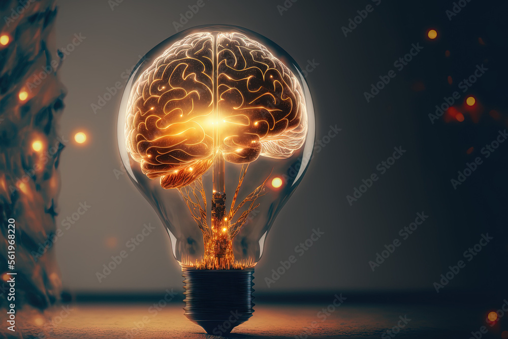 Poster abstract virtual idea concept with light bulb and human brain illustration on a modern furnished off
