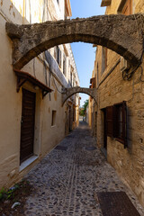Streets and Residential Homes in the historic Old Town of Rhodes, Greece. Sunny Morning.