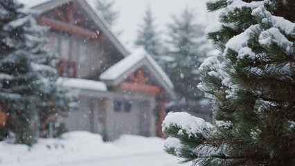 Alpine homes at the foot of Whistler Mountain, snow falling trees, winter scene, log cabin, luxury vacation home. 4K 24FPS - Powered by Adobe