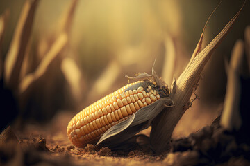 A selective focus picture of corn cob in organic corn field. Generative AI