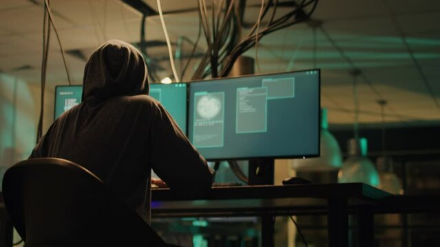 Female thief planning cyberwarfare and hacktivism at night, trying to break server firewall for cryptojacking or espionage. Criminal hacking network system on computer, anonymous.