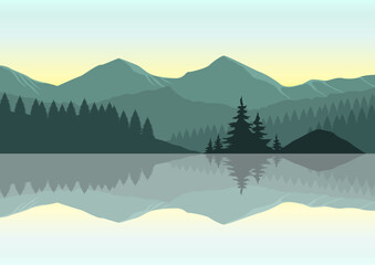 beautiful sunrise vector in the mountains. green landscape is reflected in the lake.