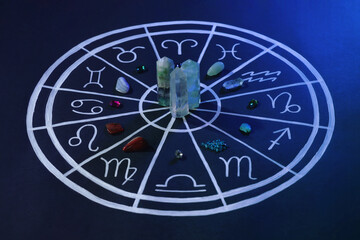 Natural stones for zodiac signs and drawn astrology chart on dark blue background