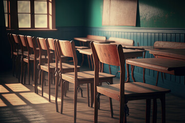 Empty classroom with vintage tone wooden chairs. Classroom arrangement in social distancing concept to prevent COVID 19 pandemic. Back to school concept. Generative AI