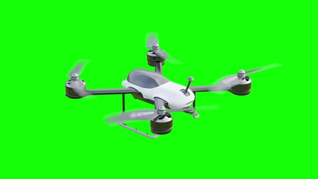 Drone white color flying Animation On Green Screen. 3D Render.