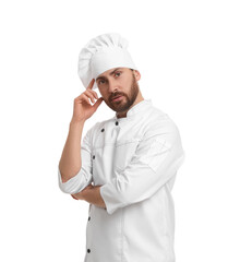 Mature male chef in uniform on white background