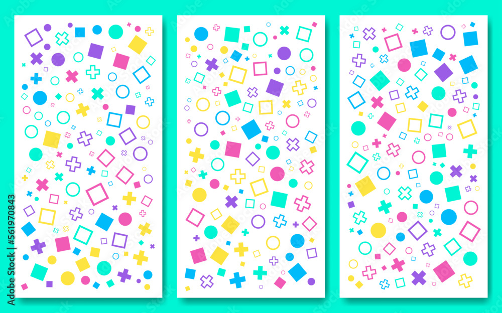 Poster a set of simple minimalistic shapes seamless patterns. memphis design, collection trendy vector geom