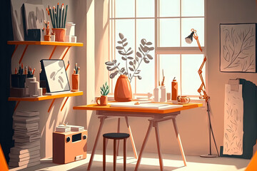 Empty architecture studio with drawings and white vase for artwork illustration. Nobody in painting space, equipped sketching tools for creative design and hobby. Concept of creativity. Generative AI
