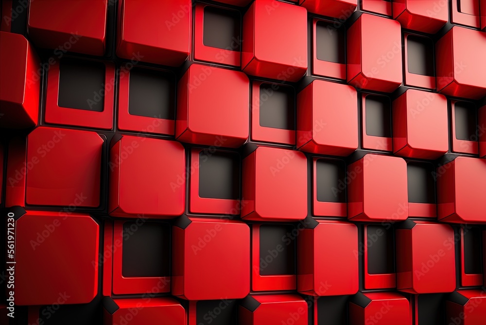 Poster Tiled rectangle wall in the backdrop. Red, futuristic blocks on a tiled, glossy background. Generative AI