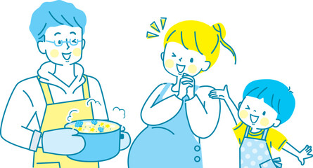 妊娠中のママに料理をする親子のイラスト