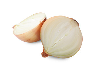 Halves of fresh ripe onion on white background