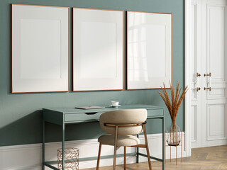 Gallery wall mockup, Frame mockup in modern workspace interior, 3d render