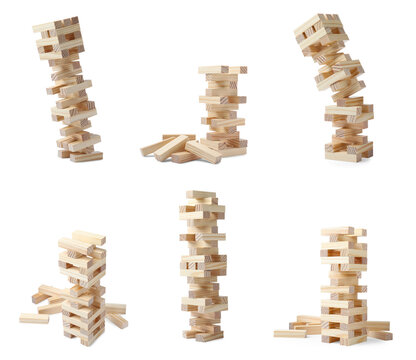 Set of Jenga towers on white background