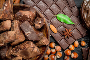 Chocolate background. Various assortment of chocolate with paste.