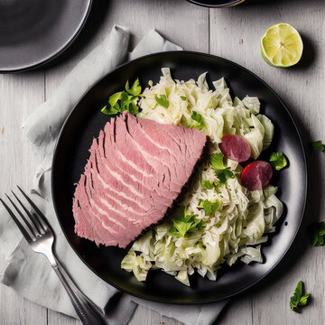 Professional Close-up Of A Irish Corned Beef And Cabbage, San Patrick's Day - AI Generated