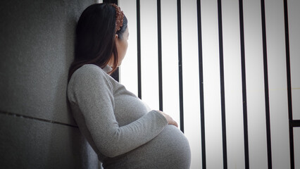 Portrait of mature pregnant woman at home looking outside the fence. Young pregnant woman standing...