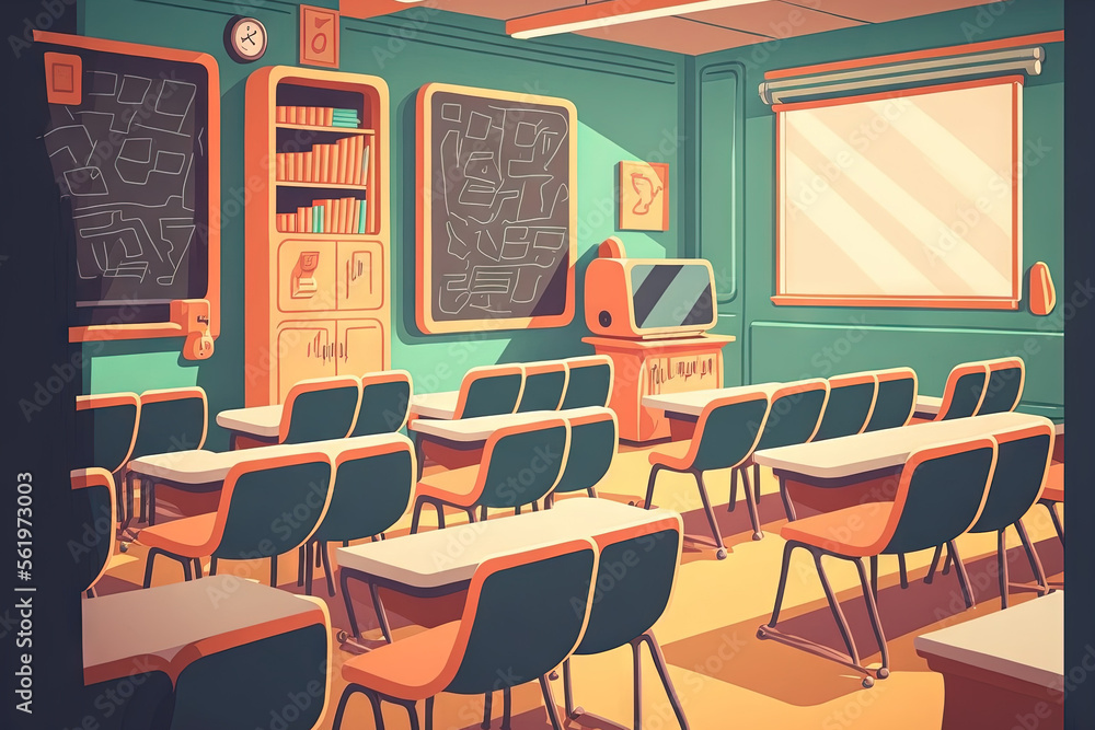 Poster close up lecture room or school empty classroom with desks and chair at university. generative ai