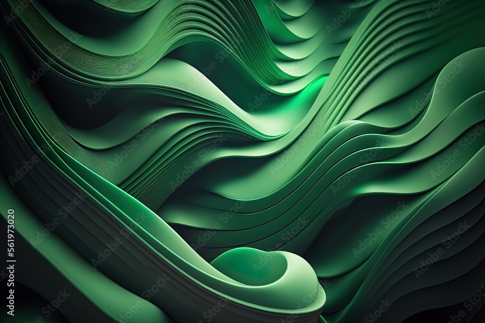 Poster abstraction of green waves serving as a backdrop. vivid in hue; bursting with life. generative ai