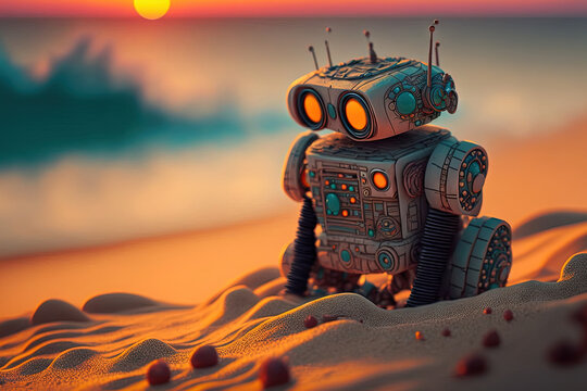 Close up shot of crafted Robot on sand and sunset. Generative AI