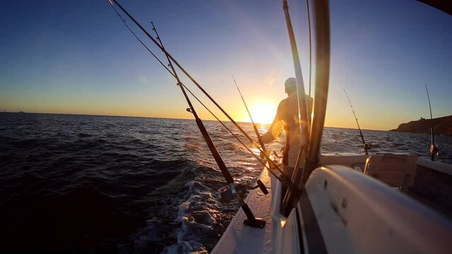 Deep Sea Fishing Boat Rods Mate Ocean Sunrise Sunset