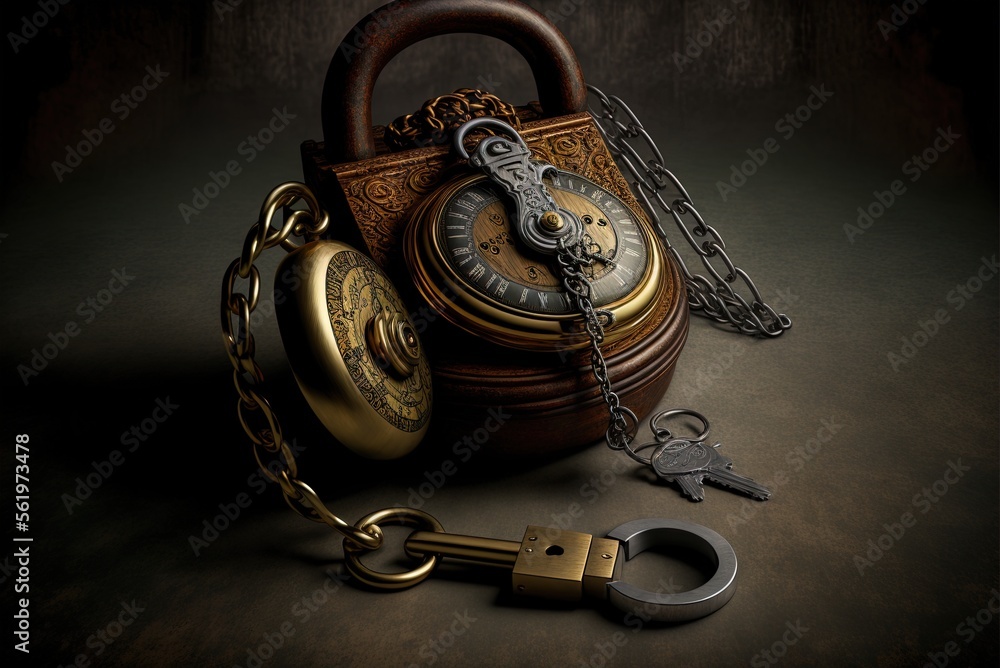 Poster a pair of locked handcuffs and a padlock, both with keys. generative ai