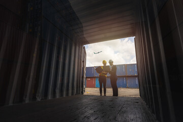 silhouette workers standing and checking the containers box from cargo ship for export and import