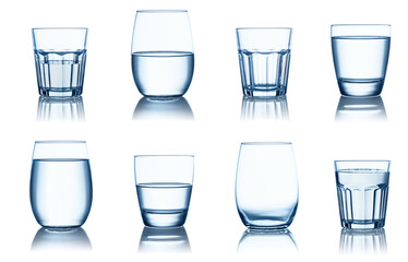 empty, half and full water glasses
