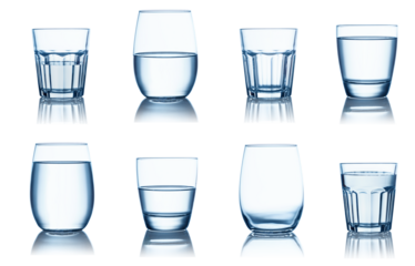 empty, half and full water glasses